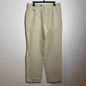 Jaeger Linen Viscose Pleated Trouser 34x32 Ivory Cuff Pleated Great Britain Pant